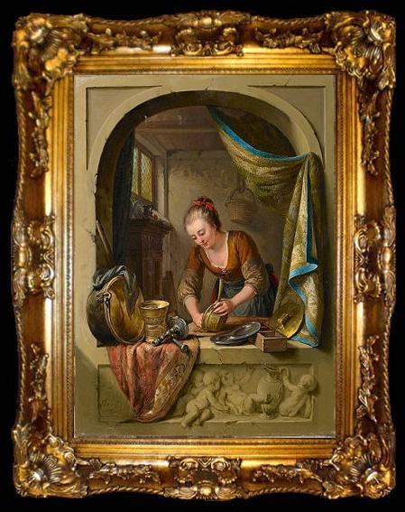 framed  unknow artist A young woman cleaning pans at a draped stone arch., ta009-2
